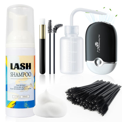 Buqikma Lash Shampoo for Lash Extensions, Mini Lash Fan 2.11Floz Rich Foam Eyelash Shampoo 50 Pcs Eyelash Brush and Rinse Bottle for Eyelash Wash Remover Lash Extension Cleanser for Home Use (Black)