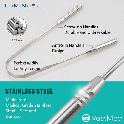 3 PCs Medical Grade Tongue Scraper by Vastmed | Stainless Steel Tongue Cleaner, Metal Tongue Scraper with Travel Bag | Tongue Scrubber for Bad Breath, Boost Oral Hygiene