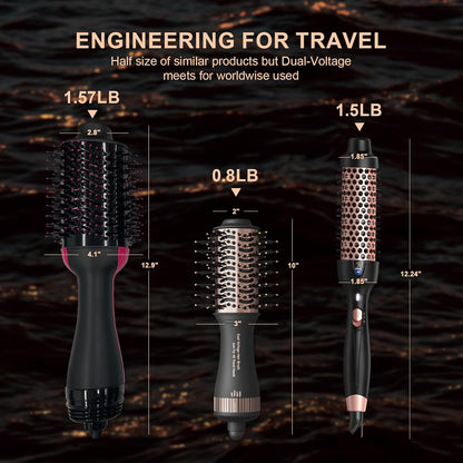 Travel Dual Voltage Blow Hair Dryer Brush 4-IN-1 Portable Mini Hot Air Dryer Straightener & Curler Brush, Titanium 2-Inch Blowout Styler Volumizer Tool, 110/240V US/EU/UK Plug for International Travel