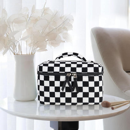 Prite Corduroy Large Travel Quilted Makeup Bag for Women Floral Cotton Cosmetic Bag Coquette Aesthetic Floral Toiletry Organizer Bag(Dark Checkerboard)