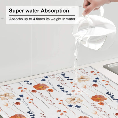 Watercolor Orange Floral Dish Drying Mat for Kitchen Counter Washable Absorbent Reversible Microfiber Orange Flower Decorative Drying Pad Kitchen Accessories 16"x18"