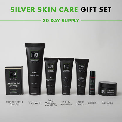Tiege Hanley Mens Skin Care Gift Box Set, Silver - Men's Skincare Set Includes Face Wash, AM & PM Facial Moisturizer, Face Clay Mask & Scrub, Body Scrub Bar, & Moisturizing Lip Balm
