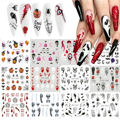 12 Sheets Halloween Nail Art Sticker Decals Horror Water Transfer Nails Foils Pumpkin Ghost Skull Spider Blood Evil Eye Halloween Design Nail Art Decoration Nail Slider Decal for Women DIY Nail Supply