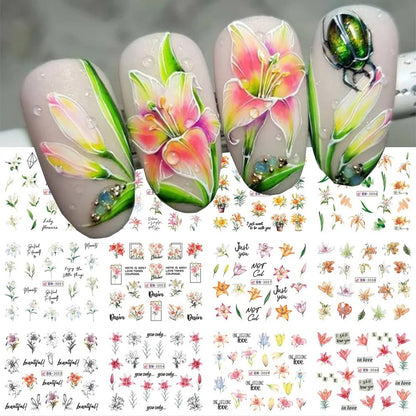 12 Designs Flower Nail Art Stickers - Lily Acrylic Decals for Spring Summer Decorations - Colorful Assorted Floral Water Transfer Slider Foil Sticker for Women