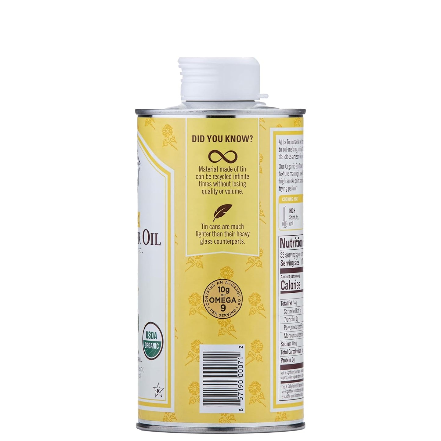 La Tourangelle, Organic High Oleic Sunflower Oil, Neutral Oil For Medium to High Heat Cooking and Skin Care, Non GMO, Pesticide and Chemical Free, 16.9 Fl Oz