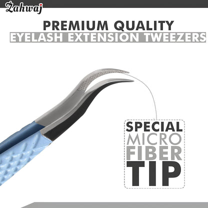 Lash Tweezers - Set of 5 Diamond Grip Eyelash Tweezers - Stainless Steel Professional Fiber Tip Lash Tweezer for Eyelash Extensions (Blue)
