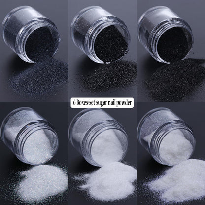 Black White Nail Glitter Powder, 6 Jars Extra Fine Sugar Glitter for Nails, French Tips Dipping Powder, Sugar Sand Coating Effect Sweater Knit Nail Design, Winter Nail Decoration Supplies