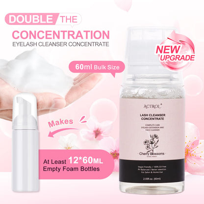 Eyelash Cleanser Concentrate 60ml Cherry Blossom Professional Lash Shampoo Foaming Cleanser DIY Non-lrritating Wash for Extensions Lashes with Salon Home Care-Makes 12 Bottles