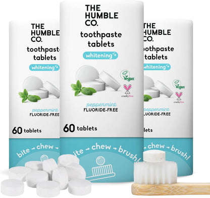 The Humble Co. Whitening Toothpaste Tablets – Fluoride Free Toothpaste Whitening Tablets, Dentist Developed Formula, Vegan, SLS Free, Plastic Free (Peppermint, 2 PK)