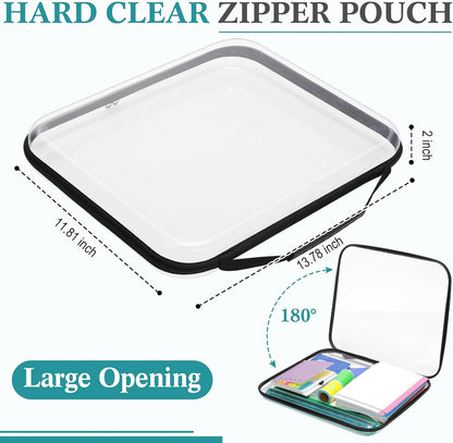 Sanwuta 4 Pcs Clear Hard Zipper Case with Handle Office Storage Cases Hard Plastic Pouches Transparent Bins for Crafts, Pencils, Snacks, Cosmetics, Puzzles(13.8 x 11.8 x 2 Inches,Black)