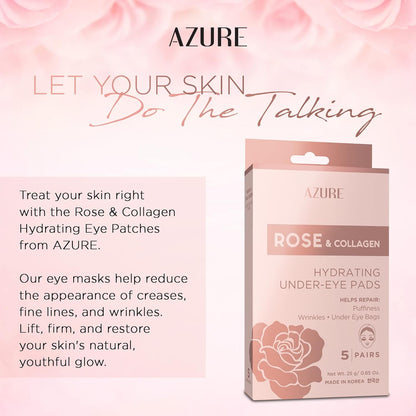 AZURE Rose & Collagen Hydrating Under Eye Pads - Anti Aging, Revitalizing & Moisturizing Eye Mask Patches - Reduces Fine Lines, Wrinkles, Dark Circles & Puffiness - Skin Care Made in Korea - 5 Pairs