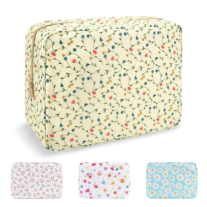 Waterproof Large Floral Makeup Bag Pouch,Nylon Travel Toiletry Storage Bag Preppy Flower Cosmetic Bag for Women Girl,Large Capacity Makeup Organizer Bag Cute Zipper Pouch(L Light Yellow-Flowers)