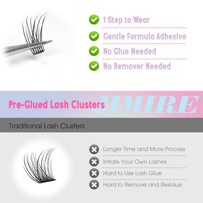 JIMIRE 160Pcs Self Adhesive Eyelashes Natural Look 9-14MM Wispy Pre Glued Lash Clusters No Glue Needed Press on Lashes Clusters Reusable Self Adhesive Eyelash Clusters Beginners Friendly