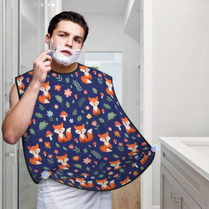 Non-Stick Beard Bib for Shaving, Fall Leaves Flowers Floral Foxes Blue Shave Bib, Waterproof Hair Catcher with Suction Cups, Grooming Apron Men Husband