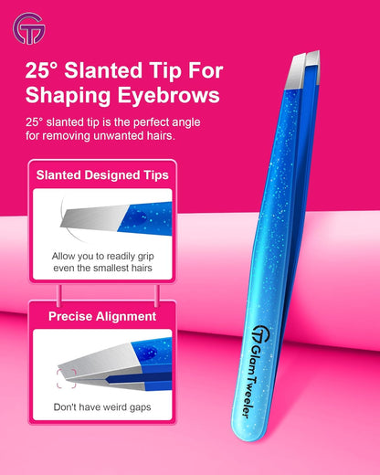 Expert Slant and Point Tip Tweezer Set with Exclusive Storage & Carrying Case, GlamTweeler Sharp & Precision Tweezer Set for Eyebrows, Facial Hairs & Fine Hairs Removal (Sparkle Royal Blue + Silver)