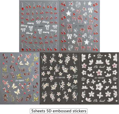Cherry Nail Stickers 5 Sheets Cherry Blossom Nail Decals Spring Summer Fruits Nail Decoration 5D Embossed Stickers for Nail Art Bows Stars Butterfly Flowers Nail Stickers Manicure Supplies