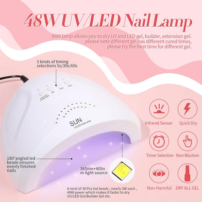 Born Pretty 28Pcs Jelly Gel Nail Polish Kit With U V Light 48W Nail Lamp 12 Colors Jelly Pink Nude Neutral Gel Polish Set with Base/Top Coat Manicure All-In-One Nail Gel Kit Ideal Gifts