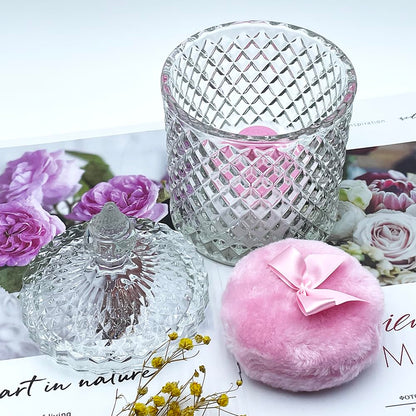 Luxury 4.2 Inch Glass Powder Container with 2 Plush Puffs｜Non-Sealed Refillable Organizer for Body Powder&Makeup｜Setting Powder Applicator w/Loose Powder Storage(Pointed Cylinder-Clear-Large)