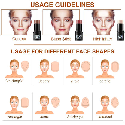 3Pcs Contour Stick Makeup Set, Shades with Highlighter Blush Bronzer Stick Kit for Sculpt the Cheeks and All Skin Type, Longwear Smooth Non-greasy Formula for All Skin Types, Mature