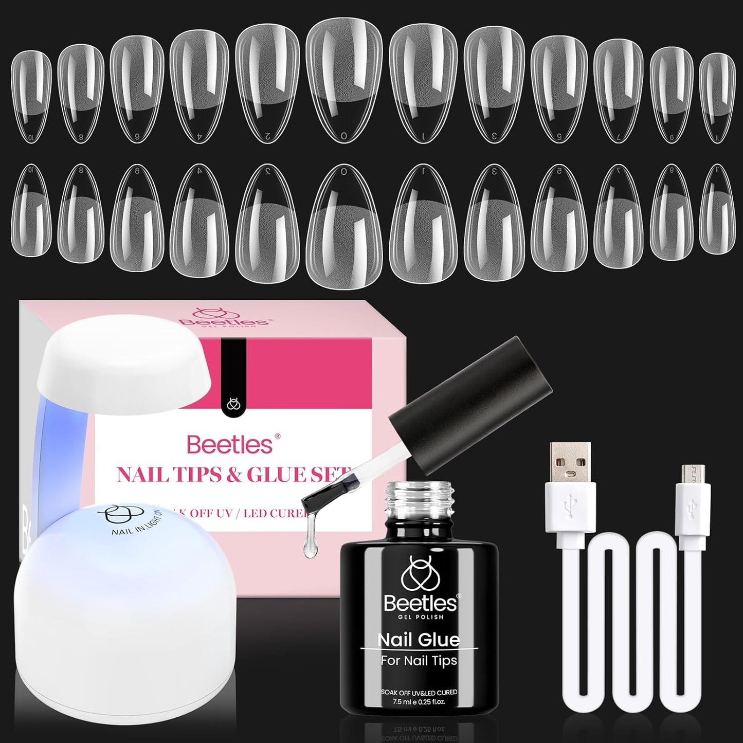 Beetles Gel Nail Kit Amond Shape - 504Pcs Gel Nail Kit Easy Nail Extension Set Etch X Nail Tips Short Medium Almond Half Matte Nail Tips 9 in 1 Nail Glue Uv Led Nail Gift for Women
