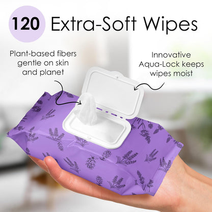 Lavender Face Wipes - 120 pcs - Gentle Makeup Remover Wipes for Women - Facial Cleansing Wipe with Aloe, Castor, Vitamin A and E - Extra Soft - Moisturizing