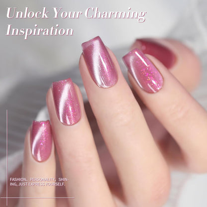 BORN PRETTY Cat Magnetic Eye Gel Nail Polish, Pink Glitter Cat Magnetic Gel Nail Polish, Midnight Rose Magnetic Nail Polish for Nail Art Manicure Salon DIY at Home 15ML