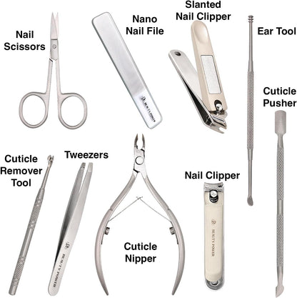 9 in 1 Professional Manicure Pedicure Set - Stainless Steel Nail Clippers, Nano File, Cuticle Nipper, Scissors, Tweezers, Travel PU Leather Case for Men & Women - Gift Ready (Brown)