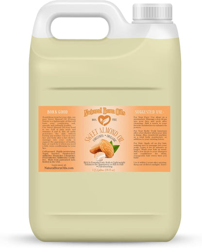 Sweet Almond Oil, 1 Gallon, Organic, Cold-Pressed, Nutrient-Rich, Excellent for Soft Skin, Lustrous Hair. Natural Born Oils.
