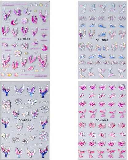 5D Dreamy Mermaid Tail Nail Stickers Summer Nail Decals 5D Embossed Laser Mermaid Nail Art Stickers Sea Wave Fishtail Shellfish Starfish Nail Design Stickers Self Adhsive Ocean Stickers for Nails DIY