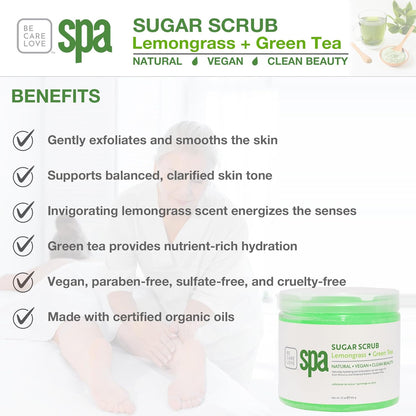 Be Care Love Spa Sugar Scrub Lemongrass + Green Tea to moisturize, detoxify and purify skin for acne-prone, oily, or damaged skin.16 oz