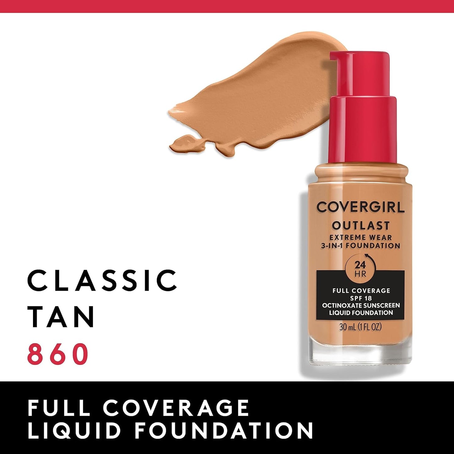 Covergirl Outlast Extreme Wear 3-in-1 Full Coverage Liquid Foundation, SPF 18 Sunscreen, Classic Tan, 1 Fl. Oz.