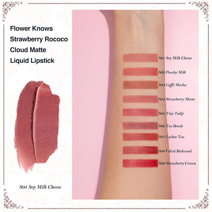 Flower Knows Strawberry Rococo Cloud Lip Cream,Velvety Matte Liquid Lipstick,Nude Lipstick,Long Lasting Lip Stain,Kiss-proof Blurred Lipstick for Girls&Women,0.12 Fl Oz(S01 Soy Milk Cheese)