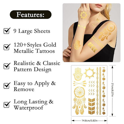 Konsait 9 sheets metallic tattoos,