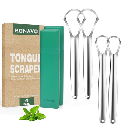 RONAVO Tongue Scraper Cleaner for Adults and Kids with Handy Travel Case, Professional Heavy Duty Scraper, Healthy Oral Care, Fights Bad Breath Odor, Easy to Use, 2 Sizes (4 Pack)
