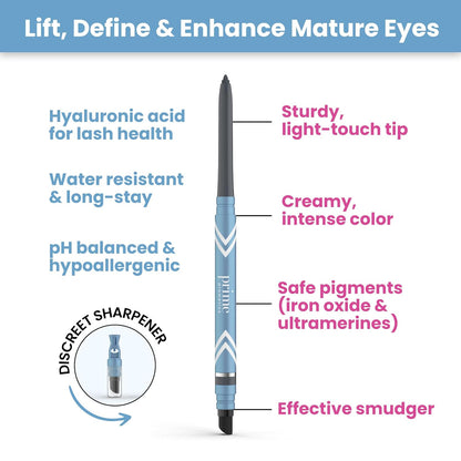 PrimeEyes Glide Eyeliner for Mature Women – Waterproof, Long-Stay and Mess-Proof – Gel Creme Texture, Discreet Sharpener and Effective Smudger (Smoky)