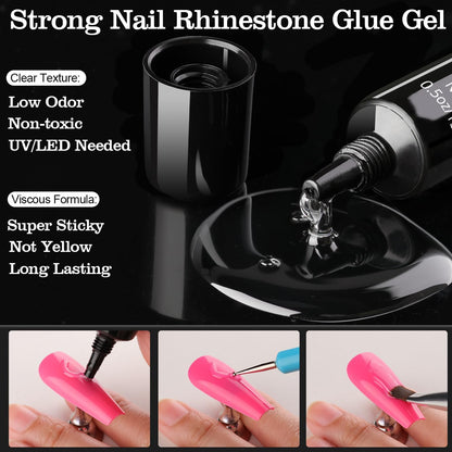 Rhinestone & Pearl Manicure Kit - Nail Rhinestone Glue Gel, Flatback Glass Crystal AB + Clear Gems, Beige Half Round Pearls, Gem Glue for Nails (UV/LED Needed) with Dotting Tools