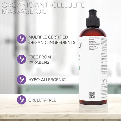 PURA D’OR 16 Oz Organic Anti-Cellulite Massage Oil for Toned Legs and Butt - Lemon Peel, Moringa, Grape Seed, Grapefruit & Eucalyptus Oils - Skin Firming & Tightening