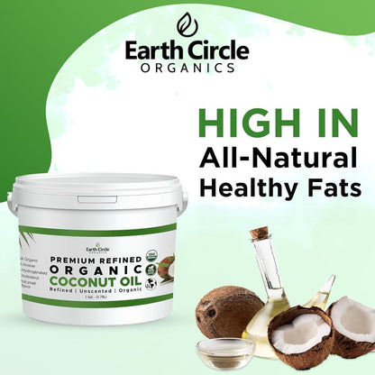 Earth Circle Organics Refined Coconut Oil - Ultra Premium Steam Refined, Keto & Paleo Friendly, Zero Coconut taste or smell - For Skin & Hair Care, Cooking, Deep Frying, Baking & More - Bulk 1 Gallon