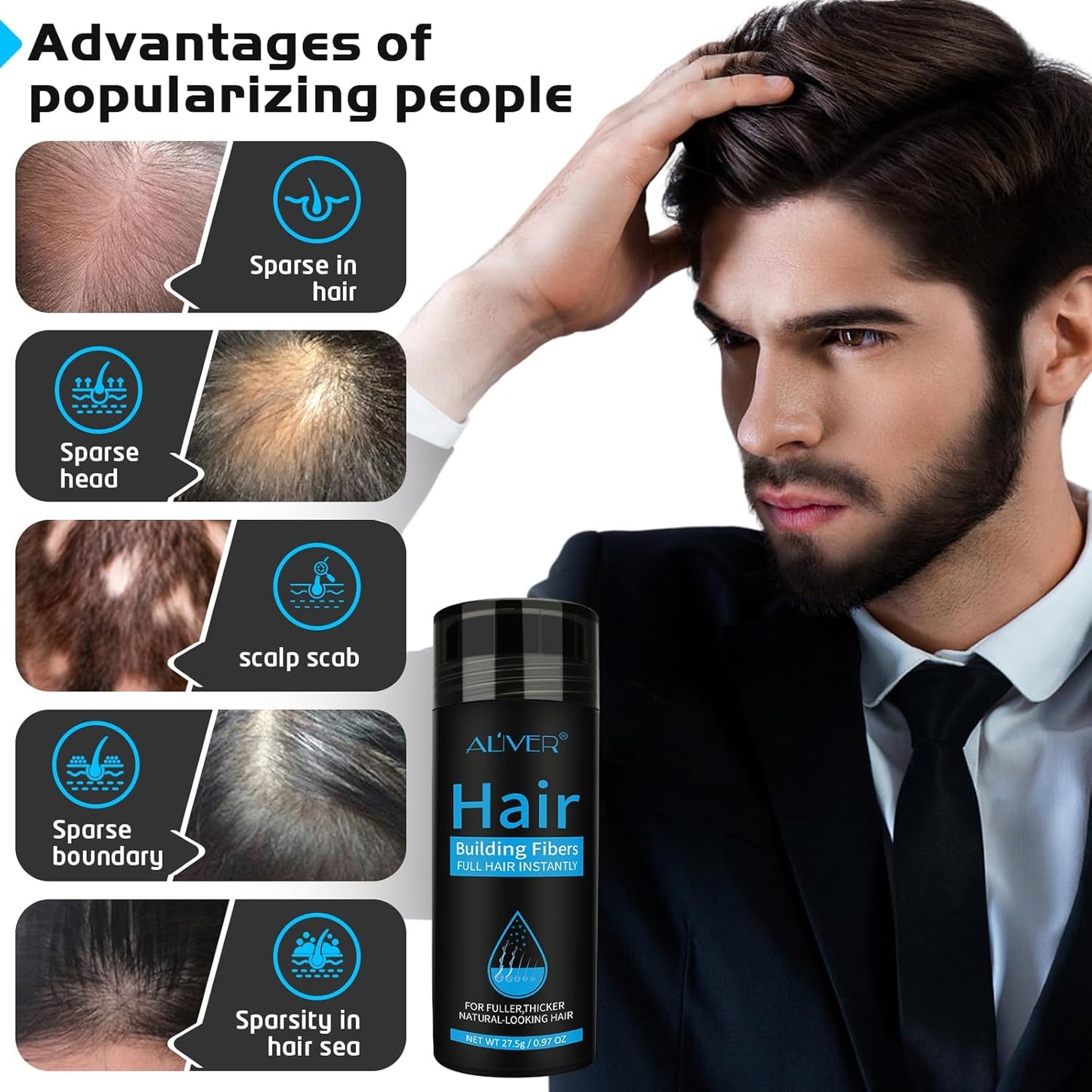 Aliver Hair Fibers for Thinning Hair - Black - 27.5Gr,Undetectable Natural Formula, Thicker Fuller Hair in 15 Seconds, Conceals Hair Loss, Look Younger, for Men & Women Patchy Bald Spot,Crown