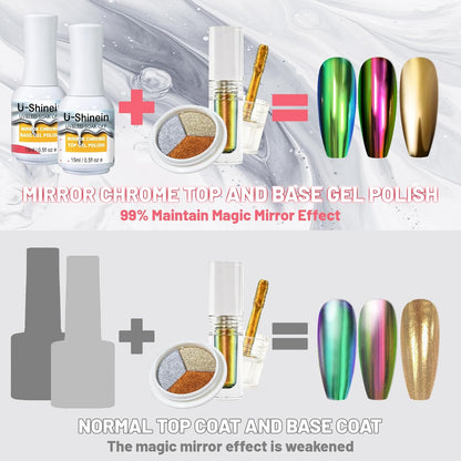 15ml Top Coat and Base Coat Set for Metallic Mirror Painting Gel, No Wipe Clear Top and Base Coat for Nail Polish, Chrome Nail Powder