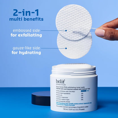 belif PHA 2% Toner Pads – Gentle Exfoliating Facial Polish for Pore Care, Hydrating & Soothing with Panthenol & Cica, Double-Sided Texture, Ideal for Sensitive Skin, Korean Skincare (70 Pads)