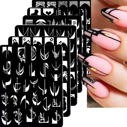 6Pcs Nail Art Stamping Templates Set with French Line Flowers Leaves Smiley Heart Design Art Stamping Kits DIY Printing Tools Fashion Art Decoration for Women and Girls