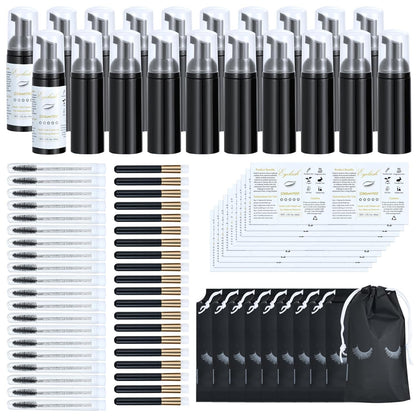 100 Pcs Lash Shampoo Bottle Brushes Set 20 Empty Foam Pump Dispensers 20 Label Stickers 20 Mascara Wands and Tubes 20 Cleansing Brush 20 Bag for Eyelash Extensions Aftercare(Black)