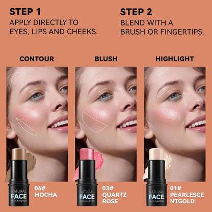 3Pcs Cream Contour Stick Makeup Kit, Shades with Highlighter, Blush and Bronzer Contour Stick for Sculpt the Cheeks, Long Lasting, Waterproof, Matte & Dewy Finish LIGHT(1+3+4)