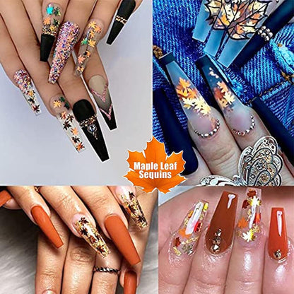 3D Fall Maple Leaf Nail Art Decals Charms for Nails, 3D Holographic Glitters Meteillc Red Yellow Nail Art Sequins Flakes for Women DIY Manicures Salon Accessories 2 Bag