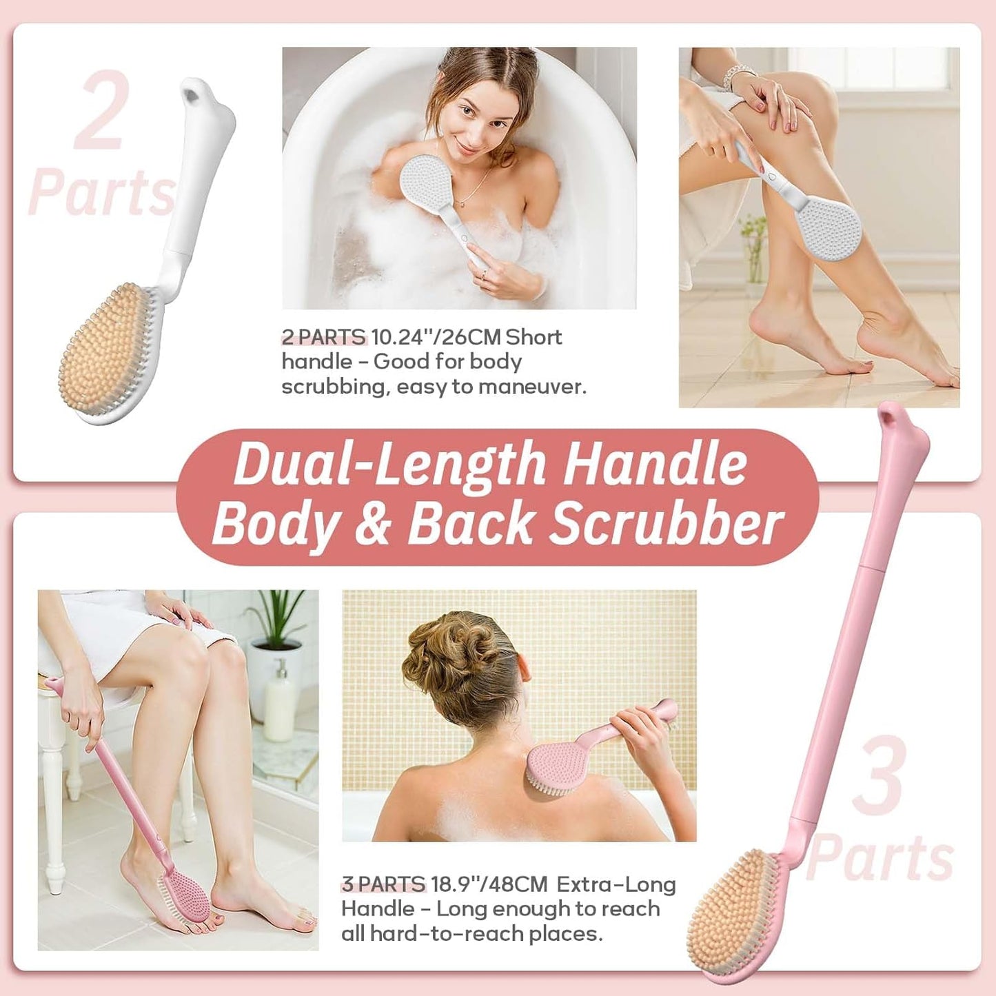 Back Scrubber for Shower, 19’’ Detachable Long Handle Shower Body Scrubber for Wet or Dry Brush, Adjustable 2-in-1 Back & Body Brush with Medium Soft Bristles for Deep Cleaning(White)