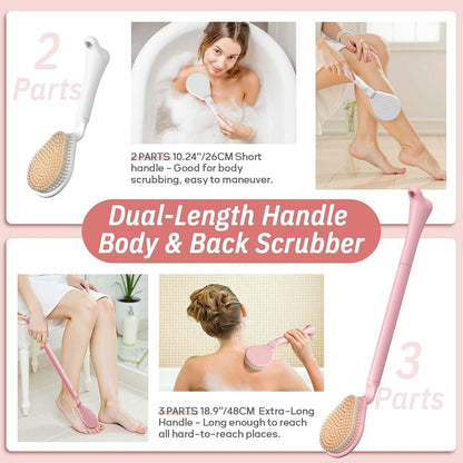Back Scrubber for Shower, 19’’ Detachable Long Handle Shower Body Scrubber for Wet or Dry Brush, Adjustable 2-in-1 Back & Body Brush with Medium Soft Bristles for Deep Cleaning(White)