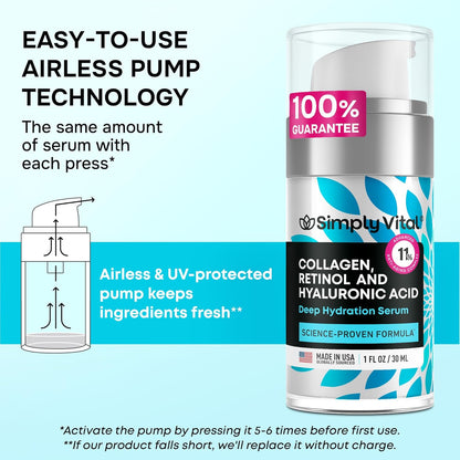 SimplyVital Collagen, Retinol & Hyaluronic Acid Serum - Moisturizer for Face, Neck & Décolleté – Lightweight Hydration for Daily Care – Made in USA – Hyaluronic Acid Cream – 1 fl.oz