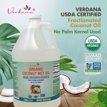 Verdana USDA Certified Organic Coconut MCT Oil –Fractionated Coconut Oil – No Palm Kernel Used – Kosher, Food Grade, Non-GMO – Great for Keto and Paleo Diets, Oil Pulling Rinse Mouthwash – 1Gallon