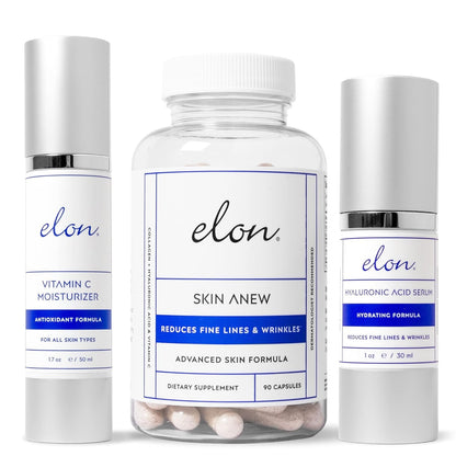 Elon Face Skin Care Set – Skin Care Kit w/ Antioxidant C Moisturizer for Face, Skin Anew Hydrolyzed Collagen Capsules, & Hyaluronic Acid Serum for Face – Skin Care Products for All Skin Types